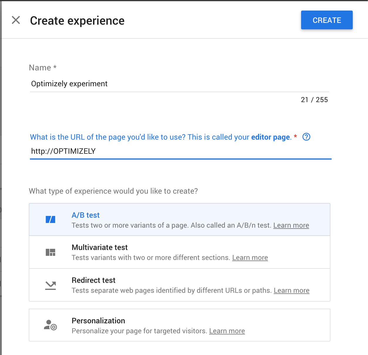 Enter a URL and experiment details